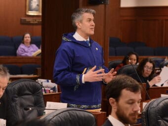 Rep. Andrew Gray, D-Anchorage, speaks in favor of House Bill 62 on Friday, May 16, 2025.