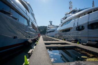 Yachts are moored in Statter Harbor in Auke Bay, Alaska in July 2026.