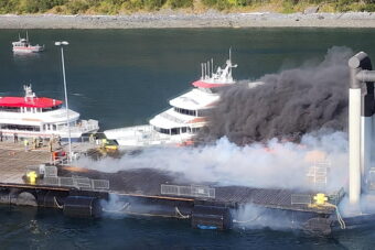 A fire Monday, Sept. 15, 2026, at Whittier's new cruise ship dock.