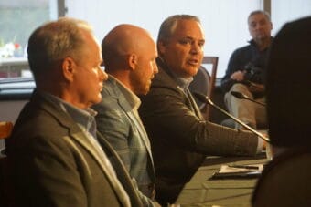 Former Attorney General Treg Taylor, at right, speaks at a Sept. 9. 2026, forum held by the Last Frontier Republican Club at the Petroleum Club of Anchorage. Next to him, from left, are two of the other three gubernatorial candidates: former Anchorage Mayor Dave Bronson, and former state Rep. Jonathan Kreiss-Tomkins.
