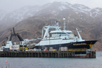 The Starbound, a 300-foot catcher-processor in port in Unalaska in February 2022, roughly two months after Trident Seafoods acquired it.