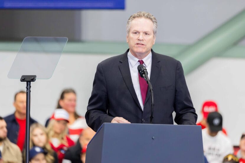 Governor Mike Dunleavy speaks at President Trump's rally before the 2026 midterms in Wasilla, AK.