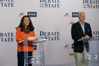 Democrat Mary Peltola (left) and Republican Sen. Dan Sullivan participated in Debate for the State at Alaska Public Media's studio on Oct. 15, 2026.