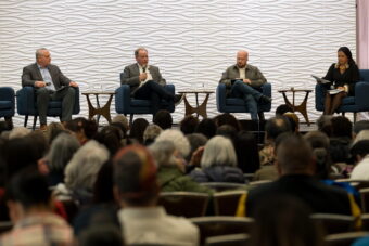 Alaska gubernatorial candidates Treg Taylor, Dave Bronson and Jonathan Kreiss-Tomkins participated in a candidate forum moderated by Antonia Gonzales at the Alaska Federation of Natives convention on Oct. 23, 2026.
