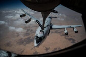 A U.S. Air Force E-3 Sentry AWACS aircraft refuels from a KC-135 Stratotanker aircraft during Operation Epic Fury, March 31, 2026.