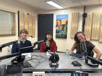 Dr. Jason Kugn, Student Chelsea-Marie Ligsay, and Dr. Megan Behnke from UAS on Juneau Afternoon sitting at the microphones in Studio 2K at KTOO, October 22, 2026 (Photo by Bostin Christopher/KTOO)