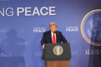 President Donald Trump during a press conference on Aug. 15, 2025, at Joint Base Elmendorf-Richardson.