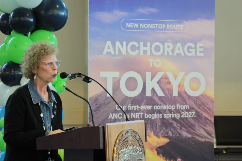 Alaska Airlines Regional Vice President Marilyn Romano announces the airline will launch a new direct flight from Anchorage to Tokyo next summer. She made the announcement at the Ted Stevens Anchorage International Airport on Oct. 27, 2026.