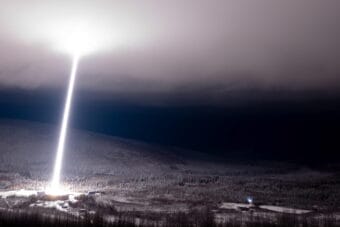 NASA’s DUST III rocket launches from the Poker Flat Research Range north of Fairbanks on Oct. 19, 2026.