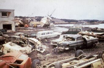 Tsunami damage along the Kodiak waterfront after the 1964 Alaska earthquake.